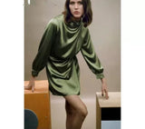 Height Collar Mini Dress Women Solid Fold Long Sleeve Short Skirts 2022 Autumn Casual Female Soft Party