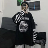 Tshirt Casual Letter Print O-Neck Stripe Tees Creativity Loose T-Shirts Women Long Sleeve Oversize Top Hip Hop