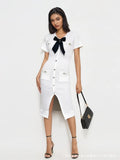 Small Fragrant Temperament V-Neck Bow Bow With Beads Button Opening Knitted