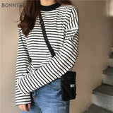 Women Retro Striped Long Sleeve Tops Leisure Simple Students All-match T Shirt Soft Warm Korean Womens Autumn