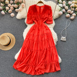 French Folds Long Dress Lapel V Neck Senior Ruff Sleeve Slim Ladies Summer Fashion Elastic Solid Sweet Sexy