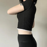 Desire Atmosphere Wearing Lace Button Splicing Color Navel Slimming Striped Short-Sleeved T-Shirt 2023 New Style-Outfit