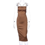 2020 Satin Sleeveless Cross Lace Up Backless Sexy Mid-Calf Dress Women Spaghetti Strap Dresses Club Party Outfits