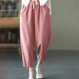2023 Summer Casual Cotton Linen Pants Women Retro Pockets Loose Harem Pants Woman Solid Elastic Waist Trousers