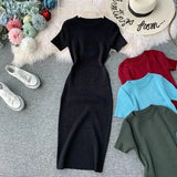 2022 New Short Sleeve Solid Vintage Women Dress Korean Knit Stretch Waist Elegant Dresses O Neck Bodycon Vestidos