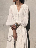 Vintage Summer Japan Style Robe Dress Lantern Sleeve Lace V Neck Splicing Temperament Vestidos De Verano Mujer