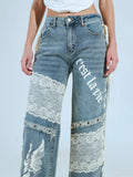 Style Hot Lace Spliced Straight Jeans Women's Summer Strap Design Prints Denim