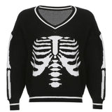 Skull Print V Neck Y2K Oversized Sweater Harajuku Casual Loose Knitted Top Pullovers Korean Punk Ladies Jumper