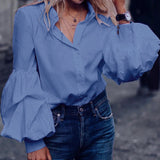 Celmia Fashion Shirts Elegant Puff Sleeve Women Blouse Buttons Casual Loose Solid Party Tops Long Sleeve Blusas