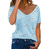 Women Heart Striped Printed Zipper T Shirt Short Sleeve Casual Tops Loose Summer Fashion Sexy Clothing Top De