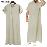 Men Muslim Kaftan Short Sleeve Solid Color O Neck Jubba Thobe Abaya Casual Dubai Saudi Arabia Islamic Men Robes