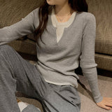Ins Color Splicing Fake Two Long-Sleeved Tops Women's New Minority Autumn And Winter Knitted Bottomed Sweaters-Outfit