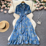 Denim Floral Print Women Dress Single Breasted Slim Sashes Pocket Summer 2022 Ladies A Line Long