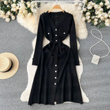 Sexy Sheath Winter Knitted Dress French Style V Neck Tie Single Breasted Long Dress Female A-Line Party Sweater