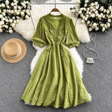 Autumn Women Green/Orange/White Hollow Out Midi Dress Elegant V-Neck Puff Short Sleeve High Waist Party Robe Female Vestido