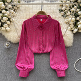 Socialite Style High-End Shirt Autumn And Winter Lantern Sleeve Diamond-Encrusted Loose Design Minority Light Extravagant Blouse-Outfit