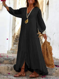 White Long Dress 2022 Celmia Bohemian Puff Sleeve Sexy V Neck Ruffled Maxi Dresses Casual Loose Button Solid Party