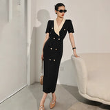 V-Neck Maxi Dresses for Women Short Sleeve Slim Bodycon Business Party Vestidos Femme Fashion Evening Dress Robe
