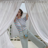 New Arrival Summer Women T Shirt Korean Colorful Striped Crop Top Tee Harajuku Streetwear Stand Collar T Shirts