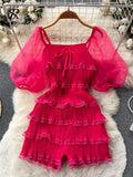 Pleated Design Splice Ruffled Jumpsuit Women Mesh Solid Square Neck Backless Zipper Ladies Chiffon Casual