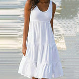 Casual Sleeveless O Neck Ruffles Mini Dress Elegant Solid Beach Dress Oversized Loose Dress 2021 Summer