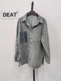 Women's Denim Shirt Patchwork Single Pocket Panelled Loose Long Sleeve Diamonds Blouse 2024 Summer New Fashion 29L2946-Outfit