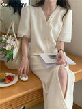 French Temperament Commute V Neck Raw Fringe Weave Small Fragrance Short Sleeve Dresses for Women Vestido De