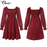 Celmia Elegant Women Ruffled Sundress 2022 Puff Long Sleeve Sexy Square Collar Mini Dress Casual Solid Pleated Party