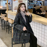 Women Plaid Wool Blends Coat Winter Autumn Fashion Elegant Tweed Woolen Outerwear