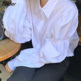 Women Puff Sleeve Folds Design Korean Style Solid Simple Leisure Harajuku Loose Fashion Turn-down Collar Vintage
