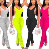 Solid 2 Two Piece Set Sleeveless Women Outfits Sets Lace Up Casual Woman Sets O-Neck Sexy Female Pants