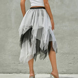 Women Midi Skirts Summer Contrast Color/Solid Color Elastic High Waist Irregular Ruffles Multi-Layered Tulle Tutu Skirts-Outfit