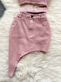 Pink Denim Sexy Women Sets Elegant Zipper Suspenders Tops Sashes Button Pocket Irregular Slash Neck Slim Two Piece