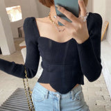 Collar Slim Knitted Tops Women 2022 Autumn Temperament Pullover Basic Sweater Long Sleeve Stretch Cropped