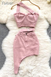 Pink Denim Sexy Women Sets Elegant Zipper Suspenders Tops Sashes Button Pocket Irregular Slash Neck Slim Two Piece