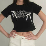 Simple Letter Printing Collision Color Bow Stitching Knitted Blouse Spicy Girl Short Navel T-Shirt Girl-Outfit