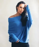 Autumn Winter Sweaters Full Sleeve Women Tops Solid Slash Neck Casual Loose Knitted Pullovers Regular Slim Fit Splice-Outfit