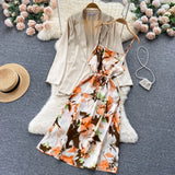 Autumn Women Floral Dress Suits Print Strap Dress+ Long Sleeves Loose Blazer Sets Office Lady Jackets Two Pieces