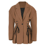 Women Brown Bandage Pleated Elegant Blazer New Lapel Long Sleeve Loose Fit Jacket Fashion Tide Spring Autumn 2023