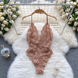 Female Sexy Lace Bodysuits Summer Sleeveless Halter Transparent Slim Rompers LadiesFrance Style Backless