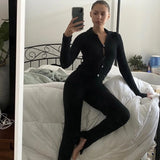 Skinny Two Piece Set Women Knit V-Neck Long Sleeve Top And Pants Female Jumpsuits 2 Piece Outfits Sexy Femme Matching