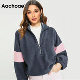Patchwork Fleece Sweatshirts 2021 Autumn Winter Warm Hoodies For Women Casual Long Sleeve Zipper Teddy Hoodie Loose