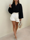 Elegant Solid Loose Shirt For Women Lapel Collar Long Lantern Sleeve Button Through Blouses Female Spring Fashion
