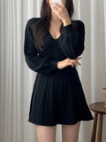 Color Cute V-Neck Cable Knit Long Sleeve Mini