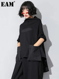Women Black Loose Pocket Irregular Hem Big Size T-shirt New Turtleneck Long Sleeve Fashion Tide Spring Autumn 2023