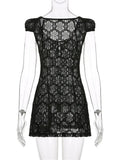 Women Lace Floral Short Mini Dress Vintage V-neck Buttons Up Slim Fit Summer Solid A-Line Dress Y2K Vestidos Clubwear-Outfit