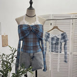Hanging Neck Shoulder Mesh Yarn Long-Sleeved Top Design Y2k Short Repair T-Shirt