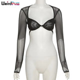 Puss Y2K Striped Mesh T-Shirt Long Sleeve Women Sexy Bandage Low Cut Tops Fashion Streetwear Summer Skinny Tees