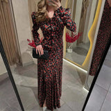 New Women's V-Neck Print Long Sleeve Open Fork Thin Waist