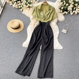 Office Lady Notched Collar Patchwork Romper Women Elegant Short Sleeve High Waist Wide Leg Playsuits Female Summer OL